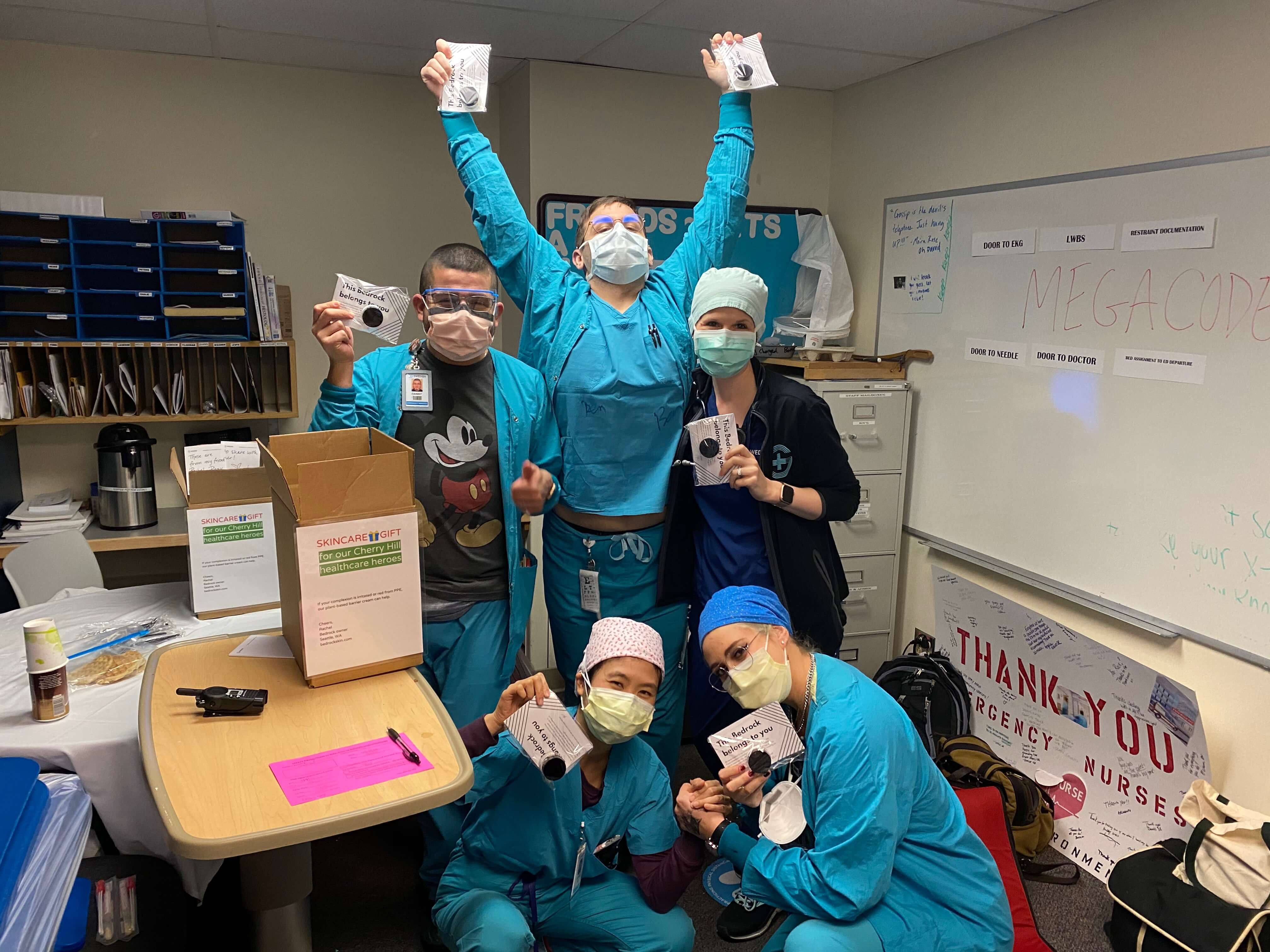 hospital workers holding bedrock barrier skincare